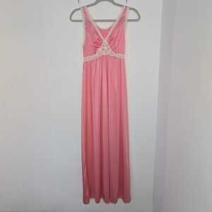 Vintage Lace Night Gown Size S Pink Sheer Satin Babydoll Empire Waist Slip Dress